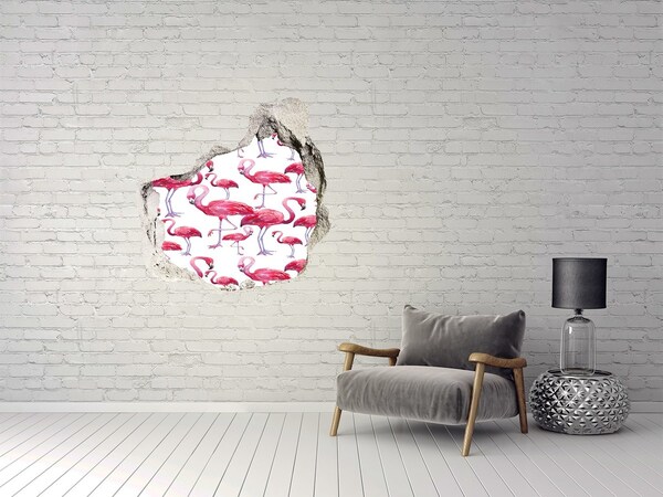 Hole in the wall decal Pink flamingos in a tropical style