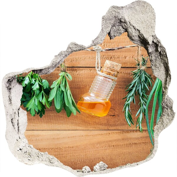 3D wall hole wallpaper Herbal oil in a rustic setting
