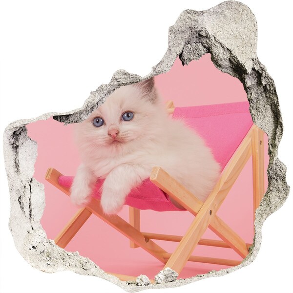 3D wall hole wallpaper Cat on a sun lounger