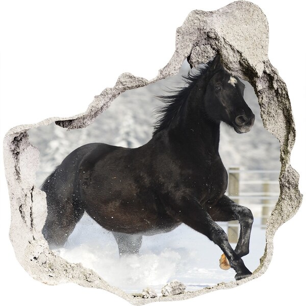 3D wall hole wallpaper A galloping horse in a winter landscape