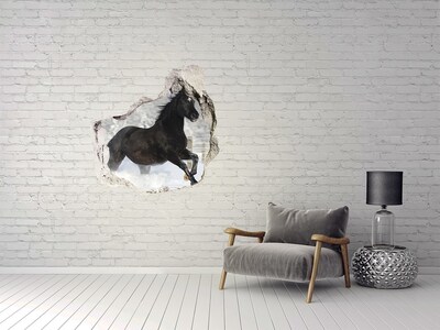 3D wall hole wallpaper A galloping horse in a winter landscape