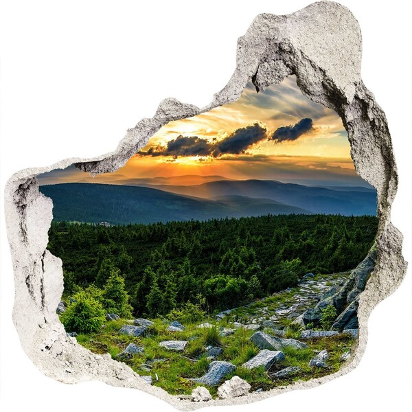 3D wall hole wallpaper Sunset in the mountains