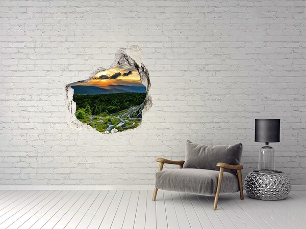 3D wall hole wallpaper Sunset in the mountains