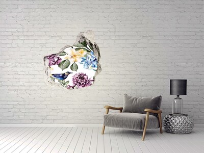 3D wall hole wallpaper Flower paradise with a bird