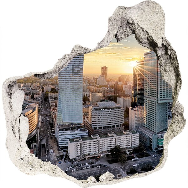 3D wall hole wallpaper View of the city at sunset
