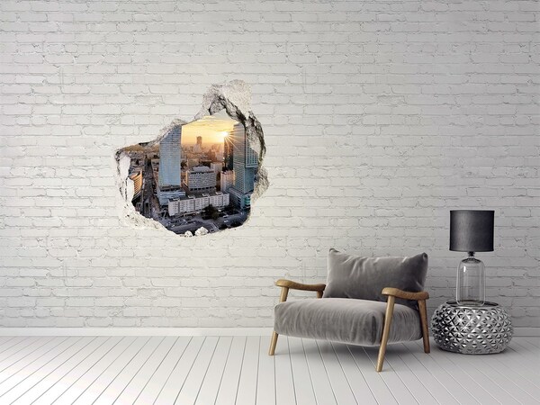3D wall hole wallpaper View of the city at sunset