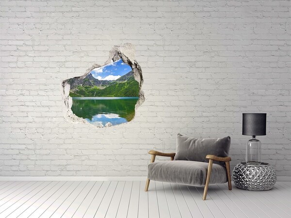 3D wall hole wallpaper Mountain landscape by the lake