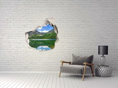 3D wall hole wallpaper Mountain landscape by the lake