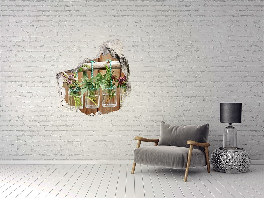 3D wall hole wallpaper Herbs in jars