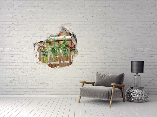3D wall hole wallpaper Herb garden in jars