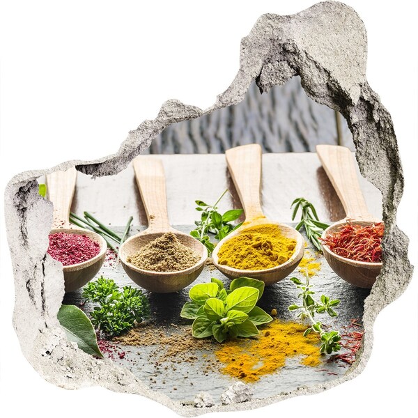 3D wall hole wallpaper Kitchen spices in wooden spoons