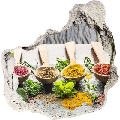 3D wall hole wallpaper Kitchen spices in wooden spoons