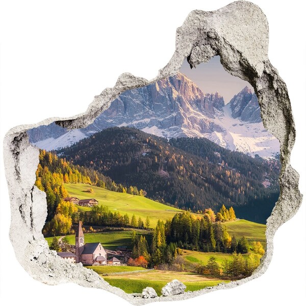 3D wall hole A mountain valley with a picturesque village