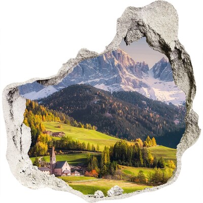 3D wall hole A mountain valley with a picturesque village
