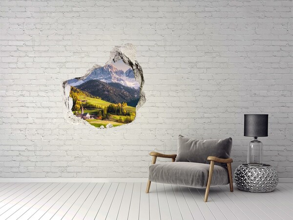 3D wall hole A mountain valley with a picturesque village