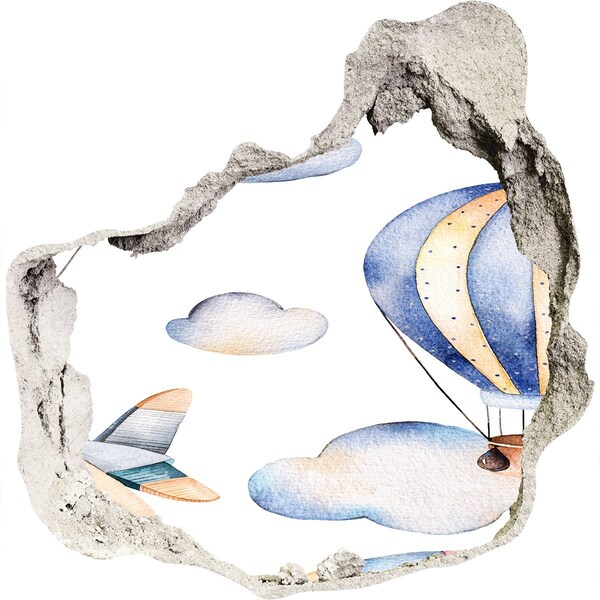 3D wall hole wallpaper Balloon flight above the clouds