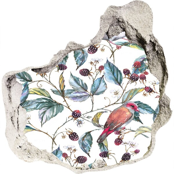 3D wall hole wallpaper A bird among the blackberries