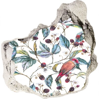 3D wall hole wallpaper A bird among the blackberries