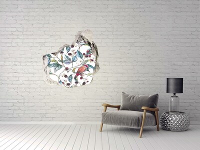 3D wall hole wallpaper A bird among the blackberries