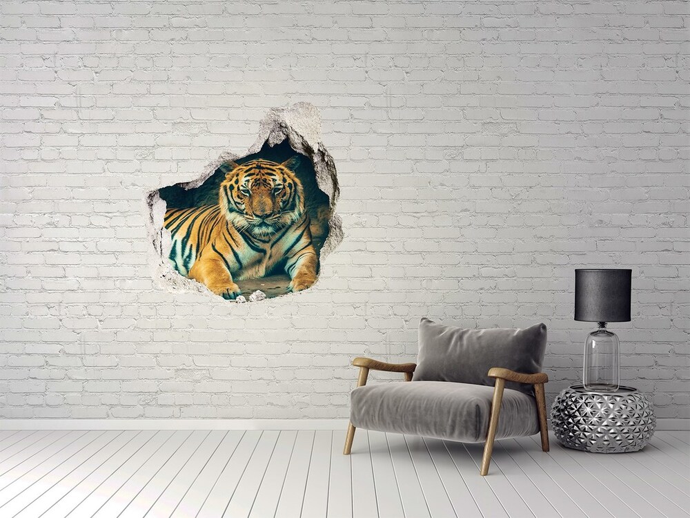 3D wall hole wallpaper Tiger in a cave