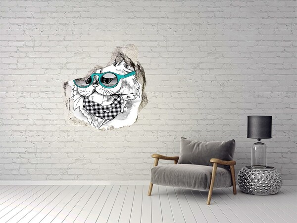 Hole in the wall decal Stylish cat with glasses