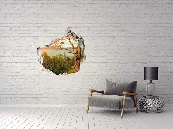 3D wall hole wallpaper View of the lake with a tree