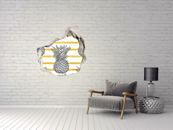 Hole wall sticker Pineapple on a background of gold stripes