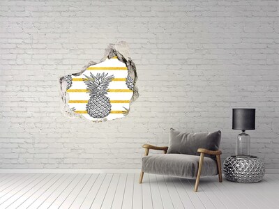 Hole wall sticker Pineapple on a background of gold stripes