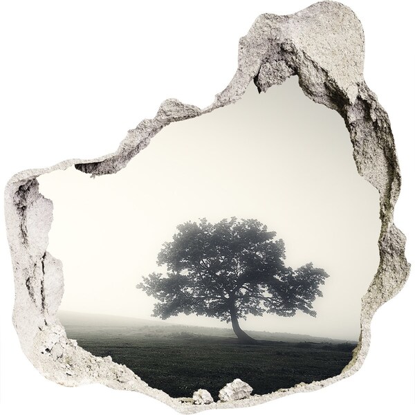 3D wall hole wallpaper A misty clearing with a lonely tree