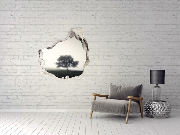3D wall hole wallpaper A misty clearing with a lonely tree
