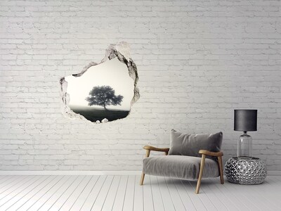 3D wall hole wallpaper A misty clearing with a lonely tree