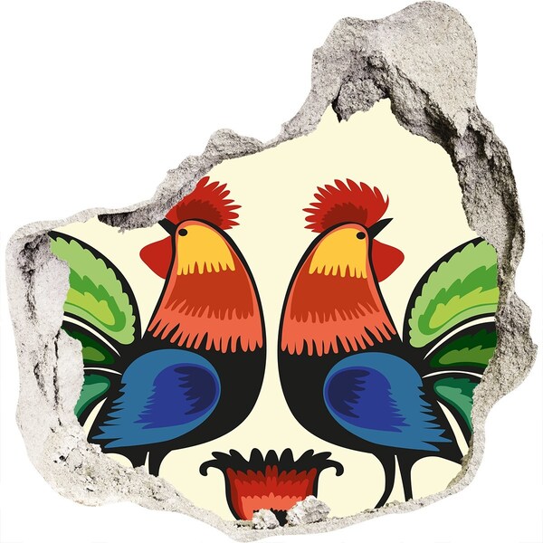 Hole in the wall decal Colorful roosters on the wall background