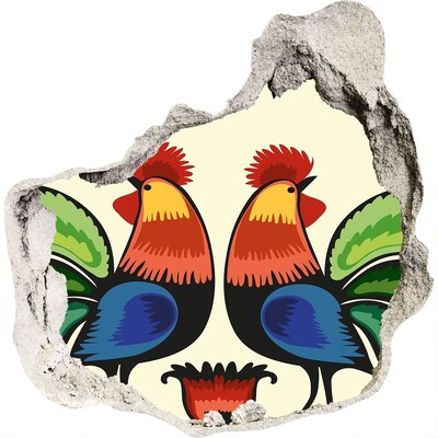 Hole in the wall decal Colorful roosters on the wall background