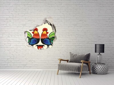 Hole in the wall decal Colorful roosters on the wall background