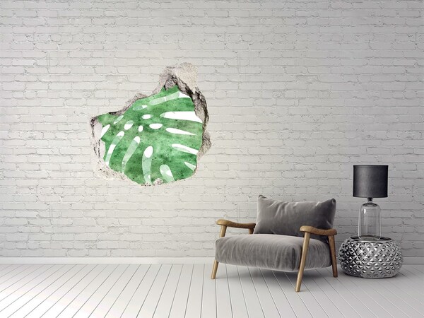 3D wall hole wallpaper Green leaf in a damaged wall