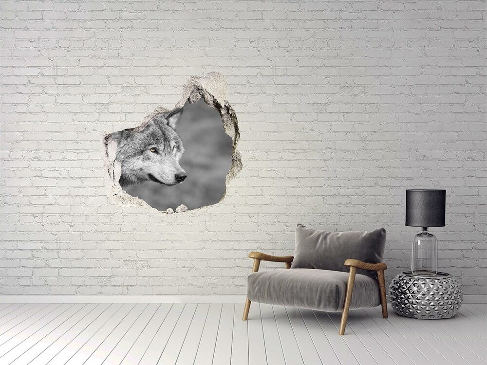 3D wall hole wallpaper Gray wolf