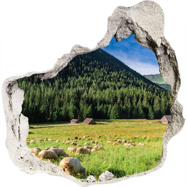3D wall hole wallpaper Green valley with sheep