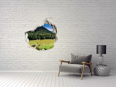 3D wall hole wallpaper Green valley with sheep