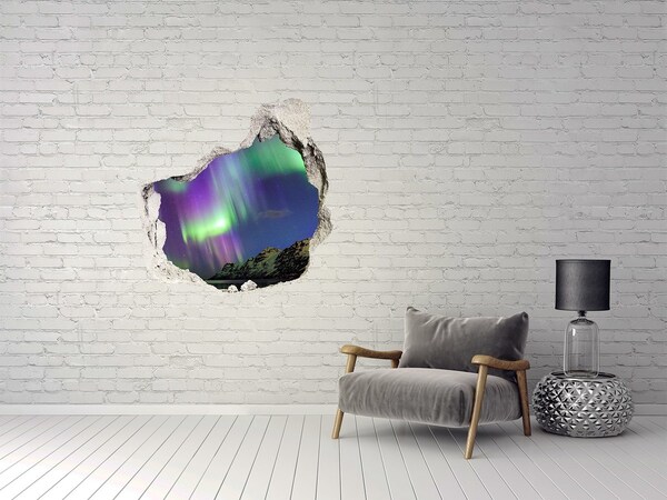 3D wall hole wallpaper Aurora Borealis over the mountains