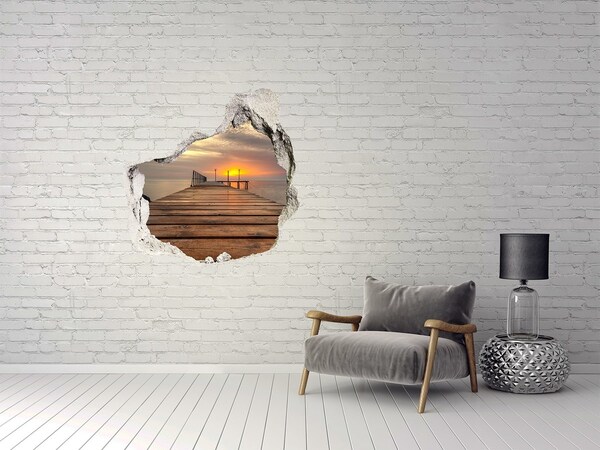 3D wall hole wallpaper Sunset over the pier