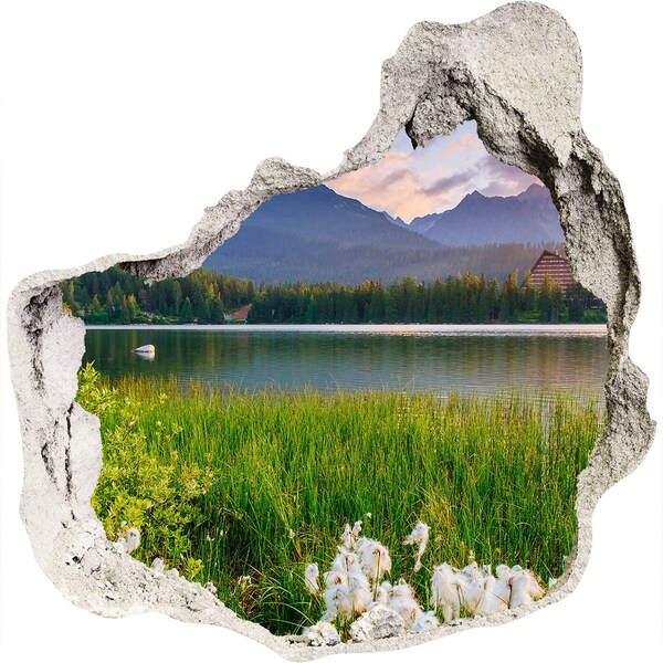 3D wall hole wallpaper Mountain landscape by the lake