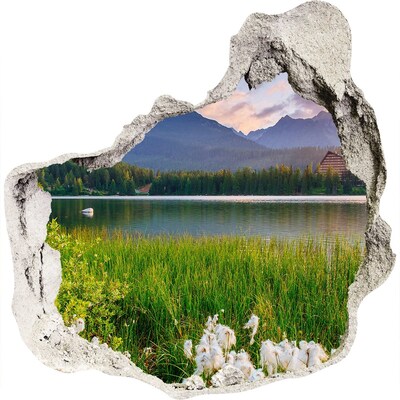 3D wall hole wallpaper Mountain landscape by the lake