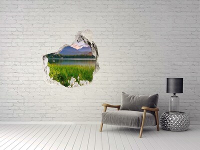 3D wall hole wallpaper Mountain landscape by the lake