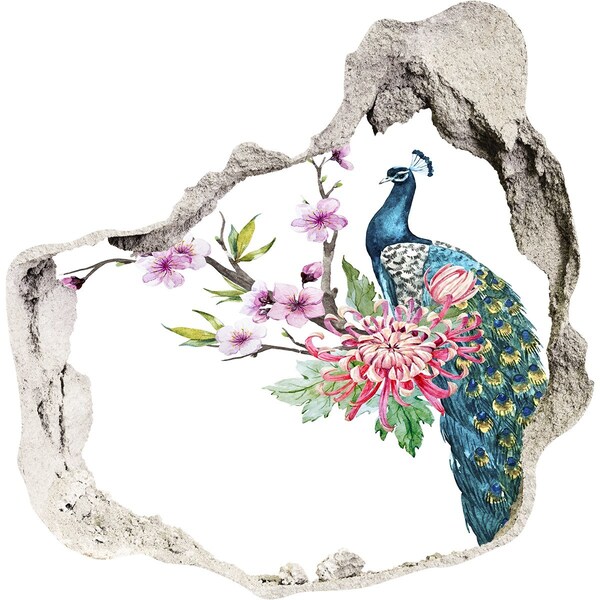 3D wall hole wallpaper Peacock among flowers