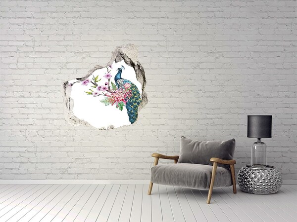 3D wall hole wallpaper Peacock among flowers