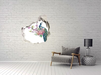 3D wall hole wallpaper Peacock among flowers