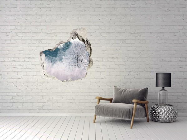 3D wall hole wallpaper Winter landscape behind the hole in the wall