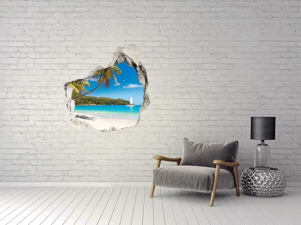 3D wall hole Tropical beach with palm trees
