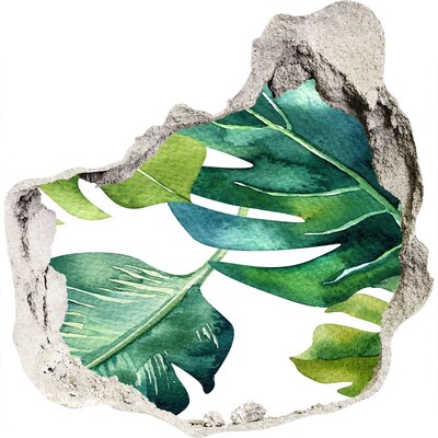 3D wall hole Green tropical leaves in a damaged wall