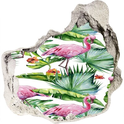 3D wall hole wallpaper Plants flamingos